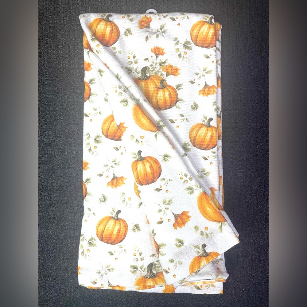 Autumn Fall Pumpkin Patch Floral Kitchen Towel Set 2pc Cream With Orange NWT NEW